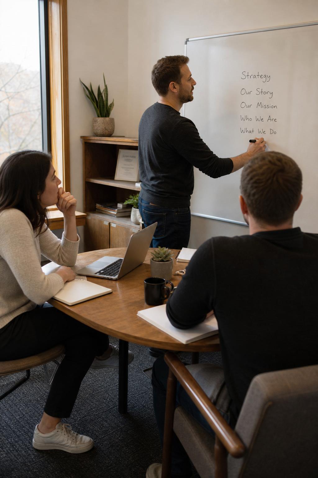 A brainstorming session in a modest office with a whiteboard listing Strategy, Our Story, Our Mission, Who We Are, What We Do