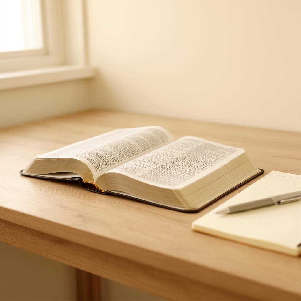 An open Bible and notebook on a wooden desk