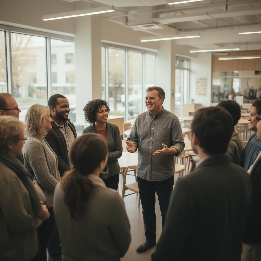 A pastor speaking warmly with a small group